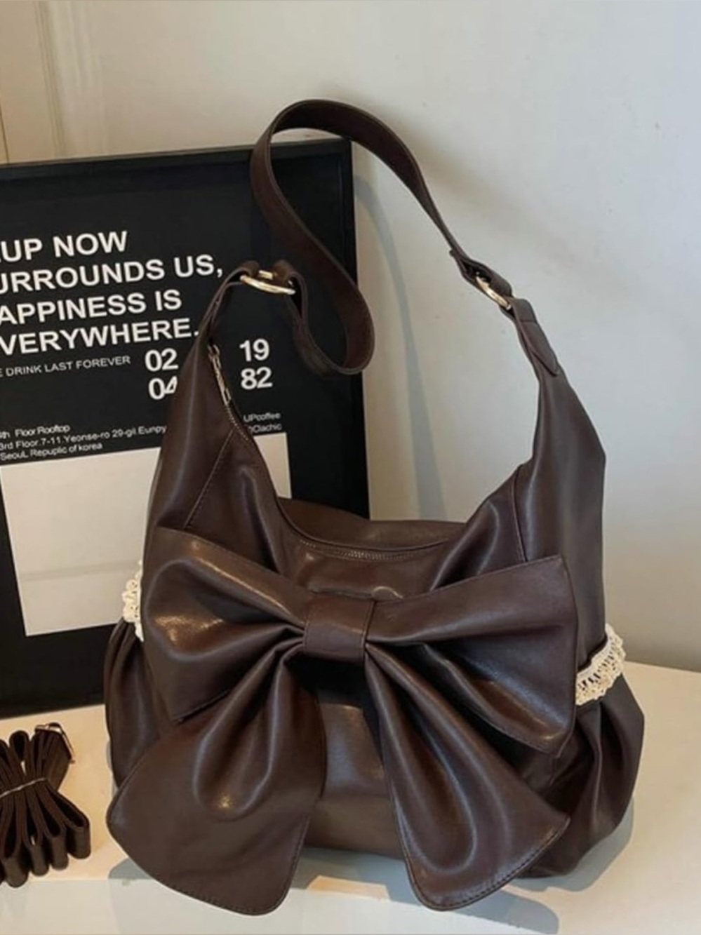 Sweet Lace Bow-Tie Shoulder Bag for Women Vegan Leather Hobo Tote Purse